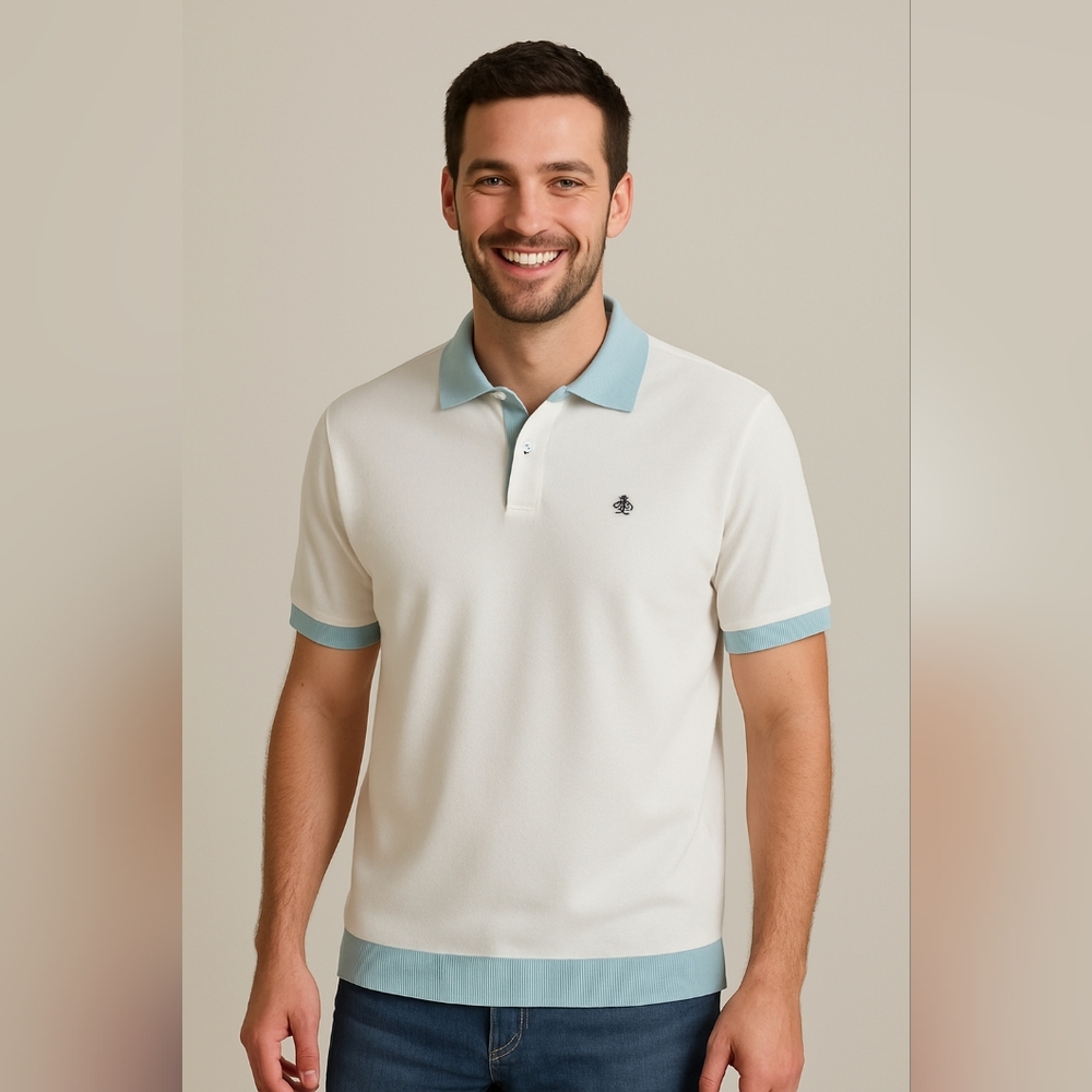 Original Penguin Men's White and Light Blue Polo Shirt